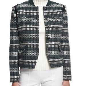 Tory Burch Jacket Norfolk Horsebit Tweed Size 12 Green Black Creme